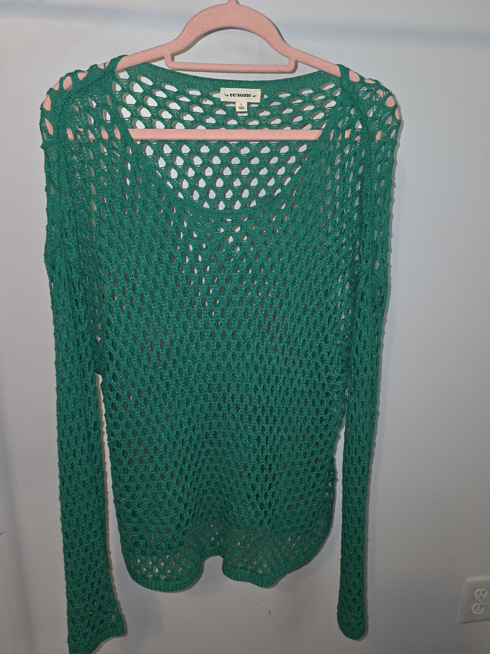 eesome Teal Open-Knit Scoop Neck Sweater